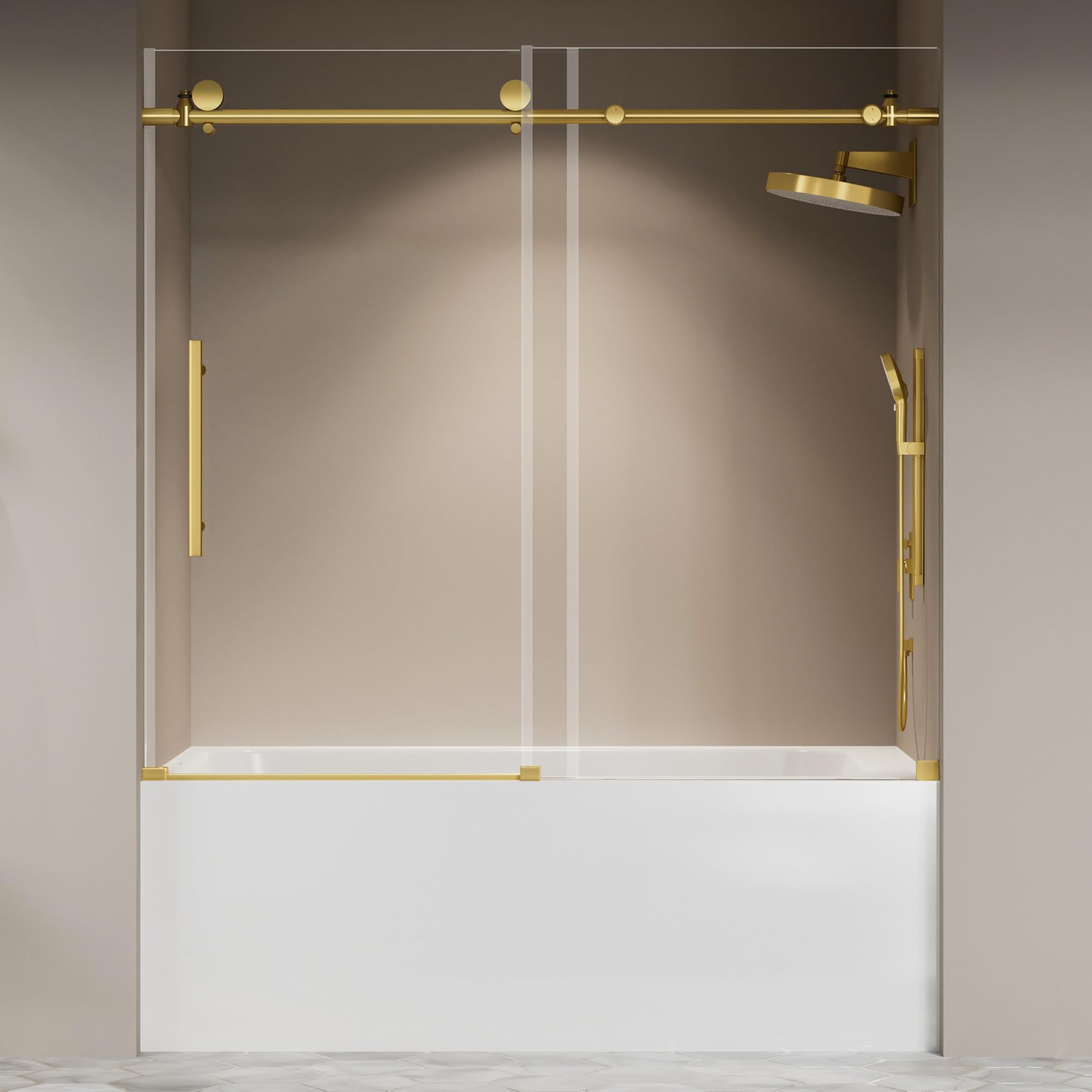 Frameless Bathtub Shower Door 56"-60" W X 59" H,Glass Shower Doors for Tub,Sliding Bathroom Tub Glass Door with Explosion-Proof Film,5/16" (8mm) Clear Tempered Glass,Stainless Steel Frame,Sturdy,Gold