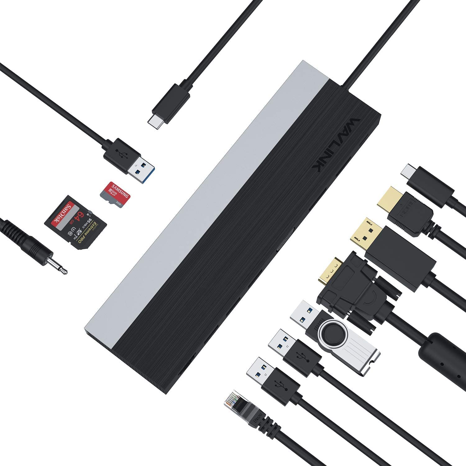 WAVLINK Station d'accueil USB-C, Triple Affichage(DisplayPort+HDMI+VGA), PD100W, Docking Station USB C avec USB3.0&2.0, Rj45, Audio&Mic, Lecteur de Carte SD&Micro SD, pour Mac Os, Windows