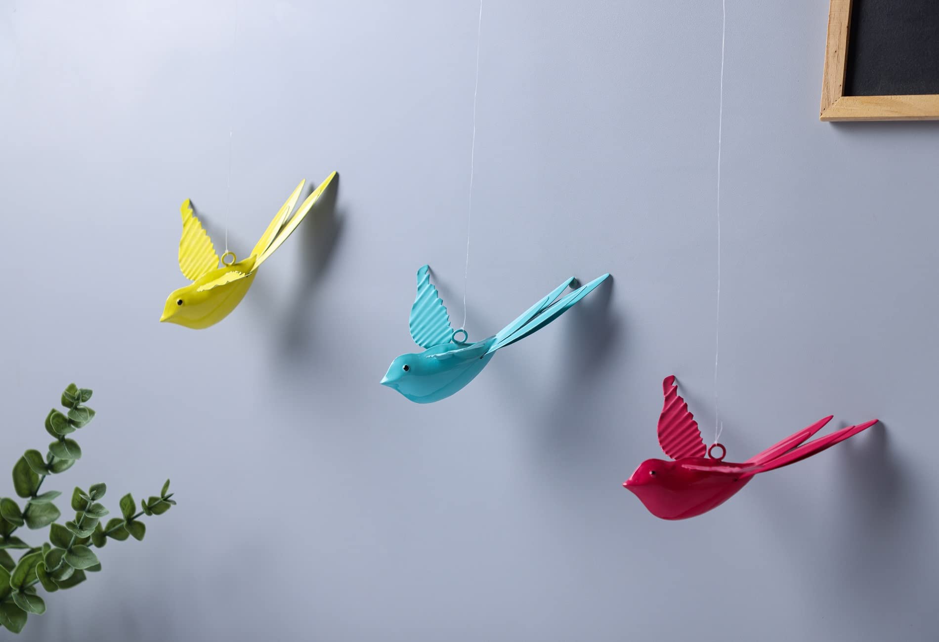dudki Hanging Decorative Bird for Home Balcony and Garden Decor Large (Set of 3 -Pink,Aqua,Yellow),Metal 3