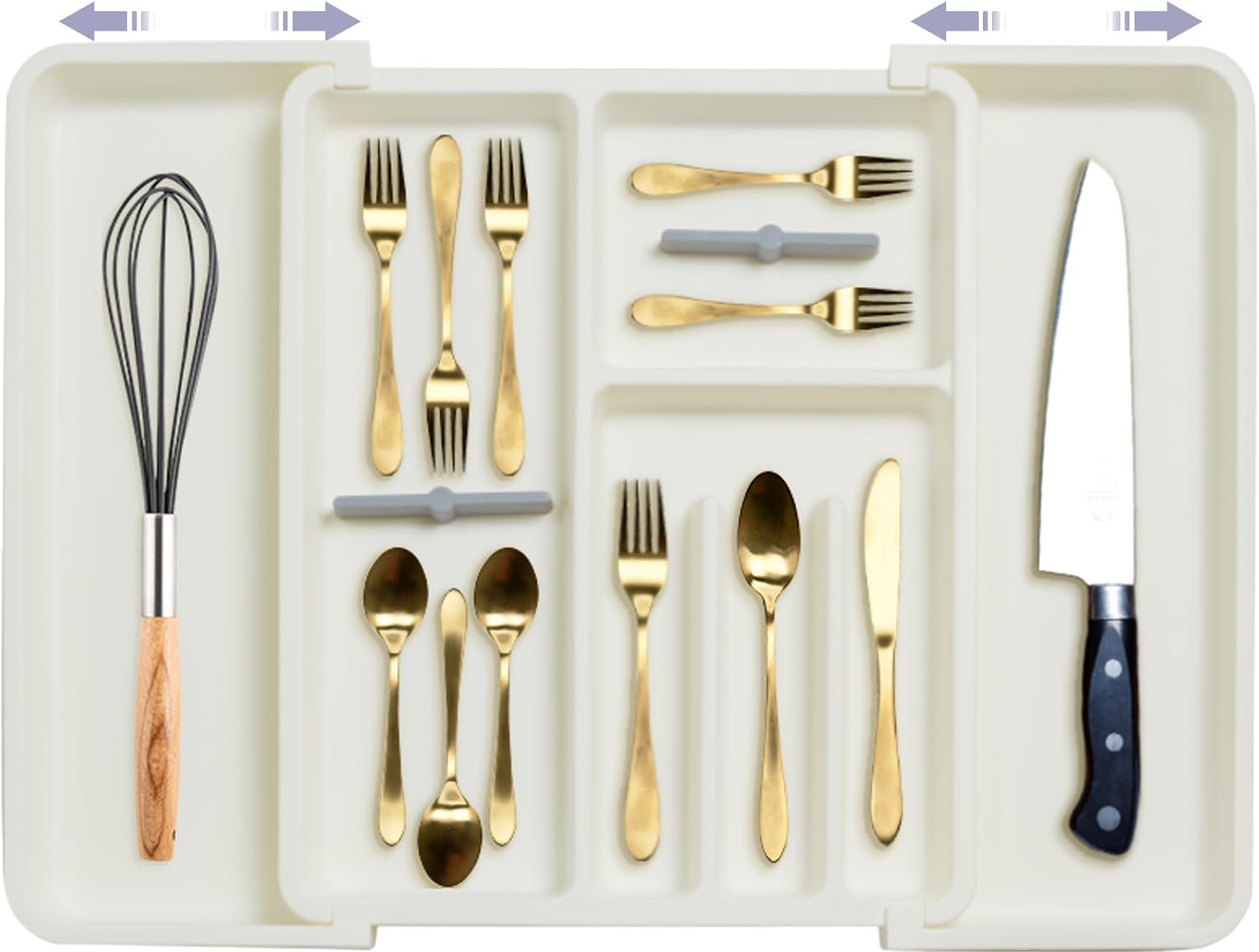 Zhuiyiwin Whitex-L Cutlery Drawer Organiser, Expandable Kitchen Drawer Organiser, Expandable Utensil Tray With 2 Removable Knife Blocks, Utensil Organiser For Multipurpose Kitchen Storage (Whitex-L)