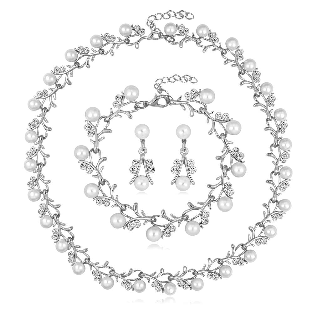 TOFBS Perlas Conjuntos de Joyas para Mujer Niñas Perlas Plata Collar con Colgante Pendientes y Pulsera Juego de Joyas de Novia Boda Fiesta Cumpleaños Aniversario Navidad San Valentín Regalos