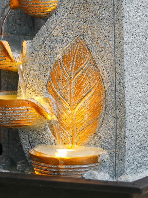Image of Polyresin Table Top Grey 4 Diya Steps & Green Leaf Design Indoor Waterfall Fountain for Home Decor with LED Lights & Speed Controller Pump (Size: 40 x 29.5 x 22CM | Weight: 2250grm)