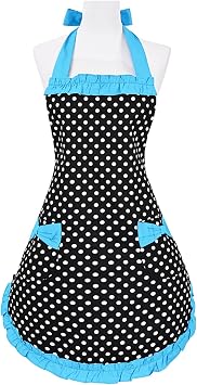 Violet Mist Lovely Retro Cute Aprons for Women with Pocket Blue Polka Dot Vintage Aprons for Girls Ruffle Frilly Apron Ladies Christmas Apron Kawaii Cotton 50s Maid Kitchen Aprons for Cooking Baking
