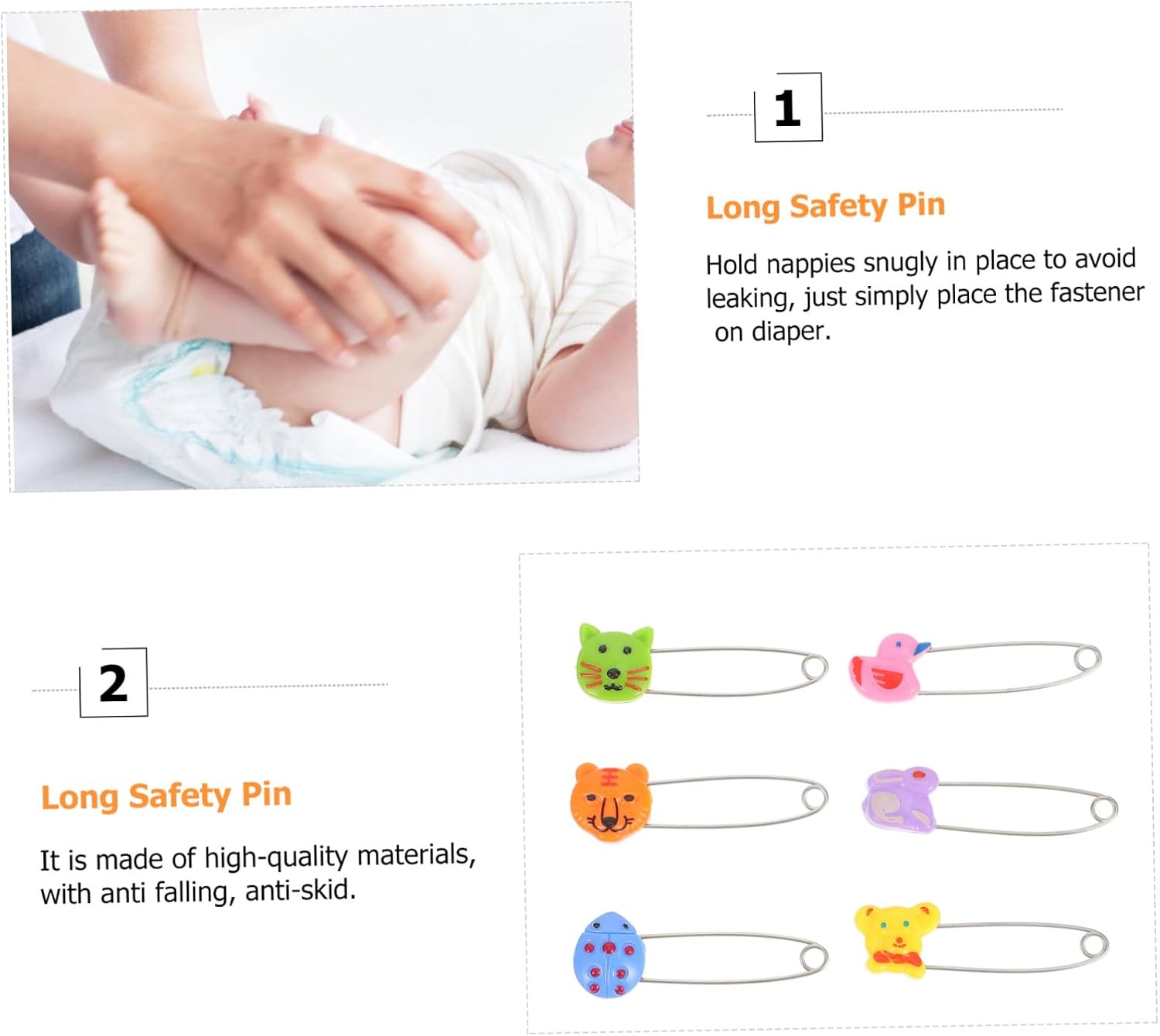 30Pcs Animal Safety Pins Plastic Fasteners with Cute Animal Heads for Newborn Diapers Fit to Prevent Leaking for Cloth Diapering