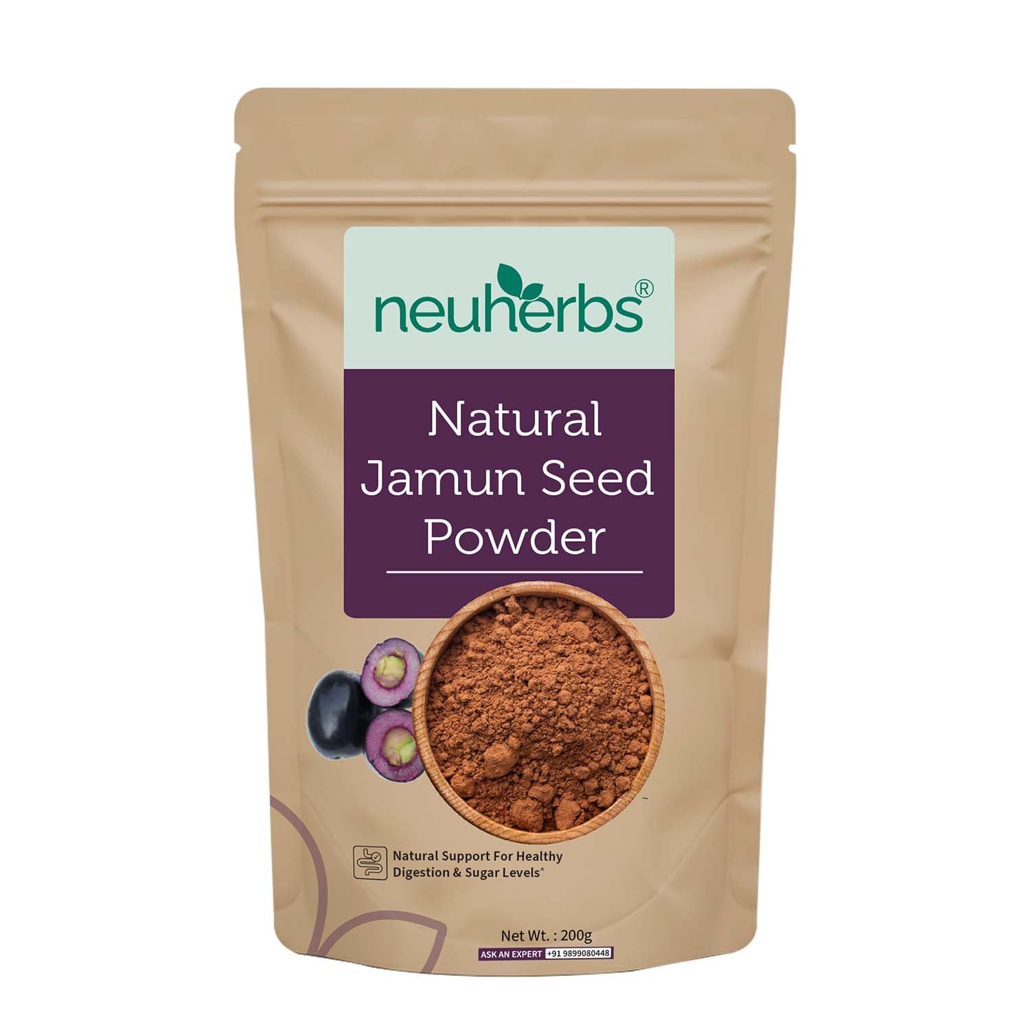 Neuherbs Natural Jamun Seed Powder - 200g For Diabetes | Supports Healthy Digestion & Sugar Levels | Rich in Vitamin C, Iron, Magnesium & Fiber