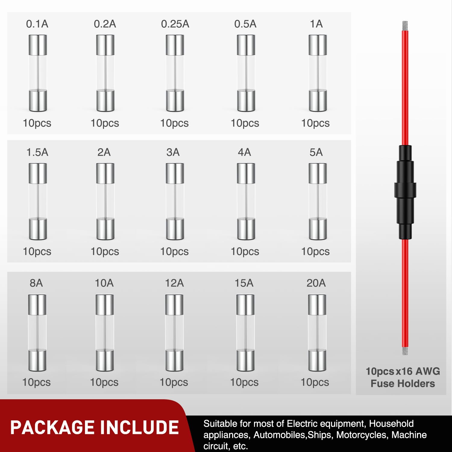 Nilight 150PCS Fast Blow Glass Fuses with 10PCS 5x20mm Inline Holder Screw Type16AWG 250V 0 1A 0 2A — view 6