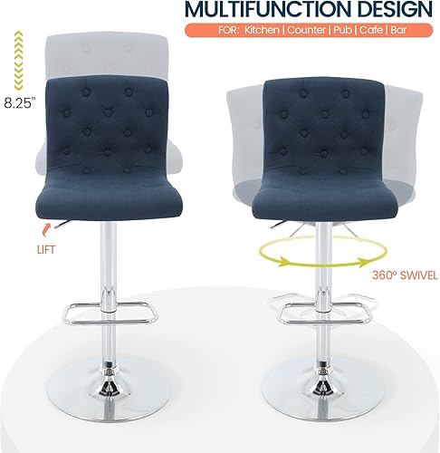Miniatura 5 de Brage Living Taburete de bar de tela copetudo, taburete giratorio ajustable de altura de mostrador con respaldo, silla de bar tapizada sin brazos