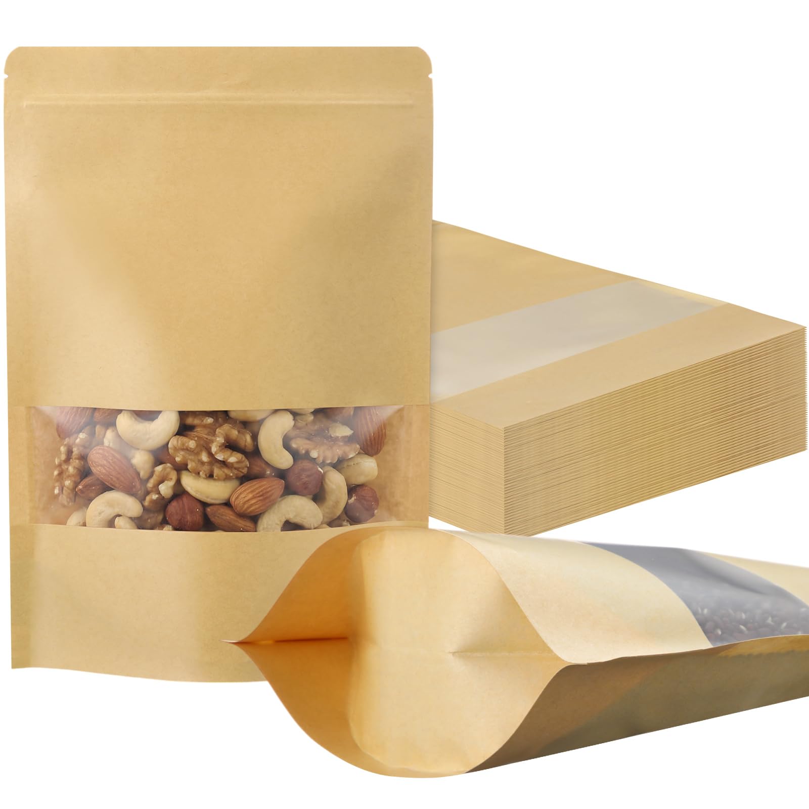 Photo 1 of Geosar 100 Pcs Stand up Kraft Pouches with Window 8 x 12 Inch Kraft Paper Sealable Pouches with Notch Heat Sealable Resealable Bags for Small Business, Zipper Food Storage for Packaging, Snacks