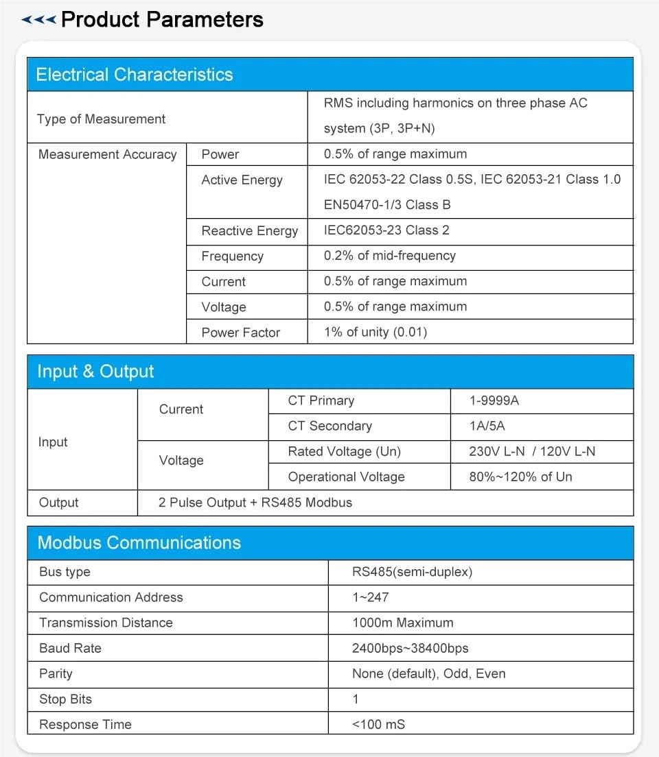 SDM630MCT V2 MI/D, contatore di energia trifase a quattro fili, 1A/5A, uscita impulsi Modbus RS485