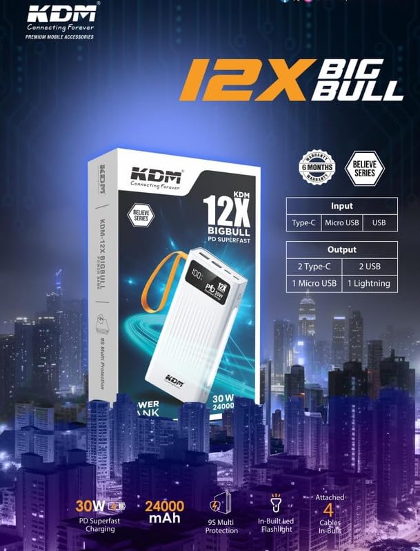Image of KDM 12X Big Bull 24,000mAh Power Bank | 30W Fast Charging | Multi-Input & Output | LED Battery Indicator | Built-in Flashlight | 9S Multi-Protection | 4-in-1 Cable Included | Black & White