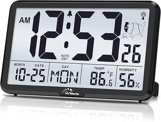 WallarGe Atomic Wall Clock with Backlight, Digital Wall Clock Battery Operated for Classroom, Bedroom, Office, Large Display with Indoor Temperature, Humidity, Date, AUTO DST, 6 Time Zones