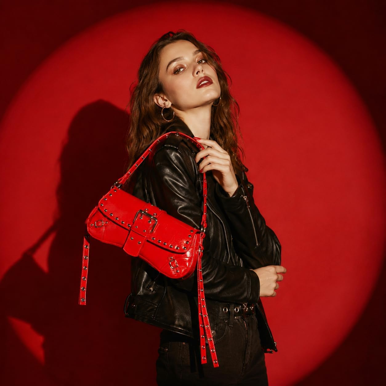 Red Y2K Purse Mini Studded Goth Shoulder Bag Leather Punk Handbag image 2