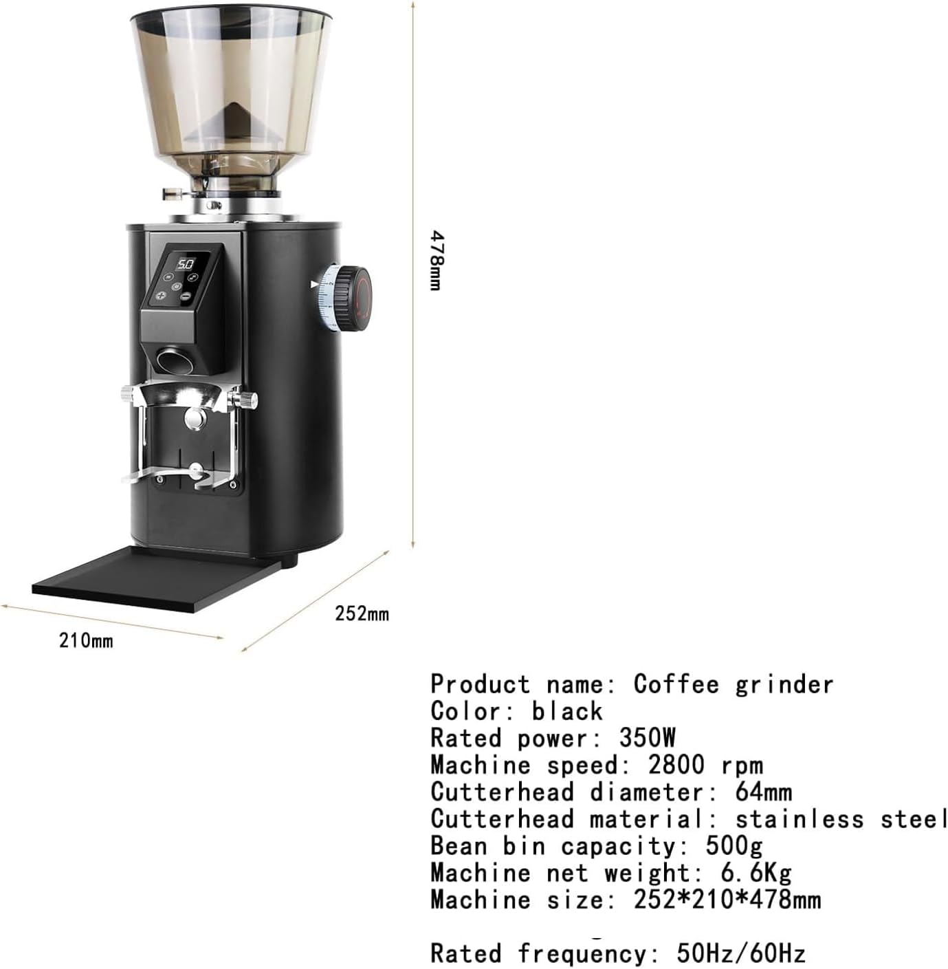 Commercial Desktop Coffee Grinder, 350W Professional Coffee Bean Dosing Electric Grinder with 500g Storage Bin, 9-Level Adjustable LED Smart Coffee Machine for Restaurant, Co(