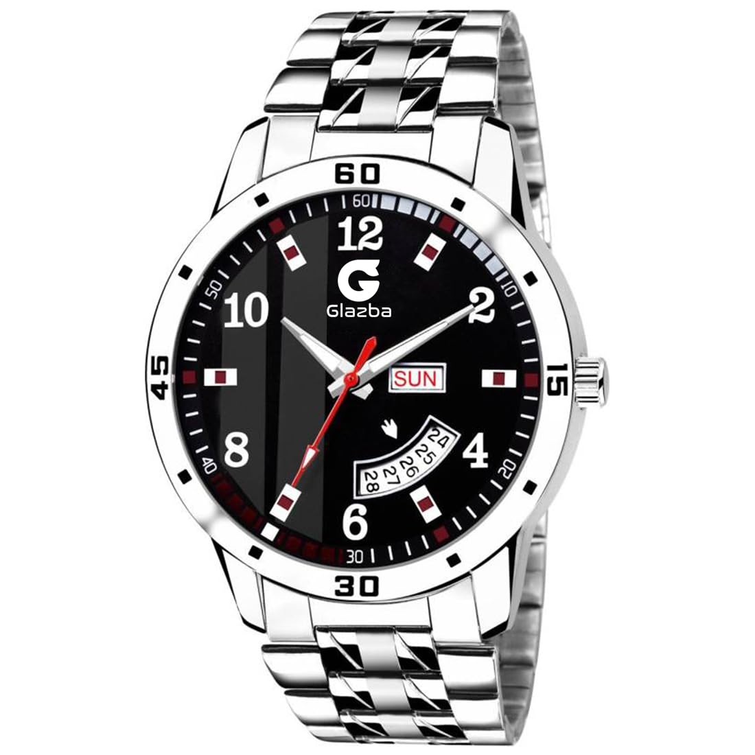 Glazba Mens Stainless Steel Chain Strap Analog Wrist Watch for Boys with Black Dial and Day Date Aperture Functioning (Silver) (B0CVDP814S) Amazon Price History, Amazon Price Tracker