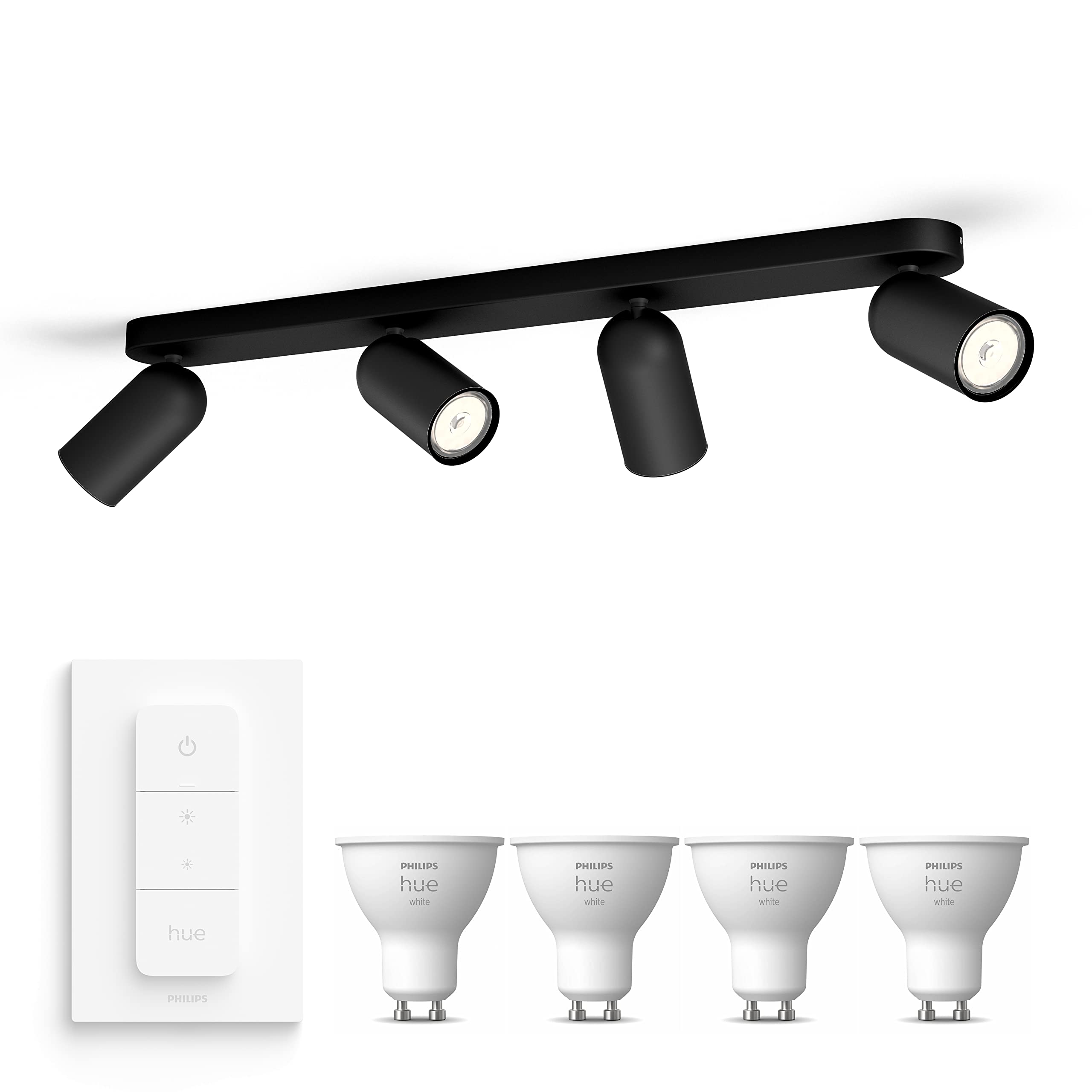 Philips Hue Pongee Lámpara de techo (Negro) - Luz blanca cálida - incl. Hue Regulador de intensidad - Foco de techo con 4 puntos de luz - GU10 - Hue White