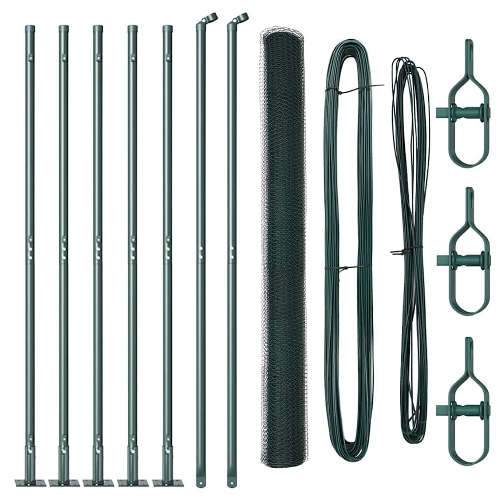 Garden Fence Post Set Green 10 x 1.4m Steel PVC Coated 25mm Mesh Outdoor Security Barrier for Yard Terrace - Corrosion Resistant Durable Posts with Concrete Supports