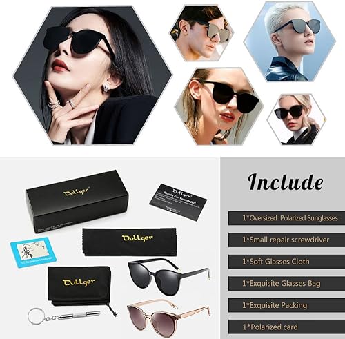 Miniatura 8 de Lentes de sol polarizados de gran tamaño para mujeres y hombres, lentes de sol de ojo de gato, lentes de sol retro con montura grande, color negro