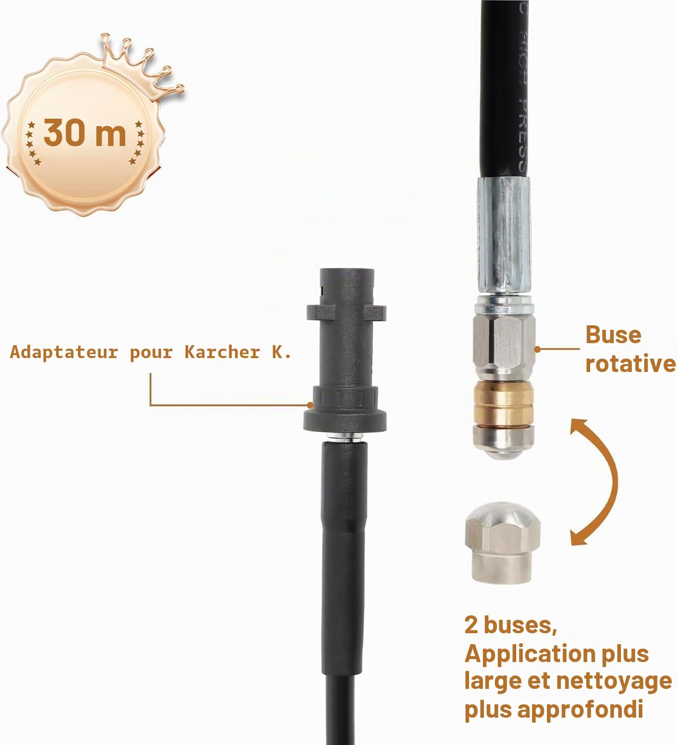 Gekufa Tuyau Nettoyeur Haute Pression 30m 400 bar, Compatible avec Furet Karcher K2 K3 K4 K5 K6 K7, Parkside, Lavor, Bosch, Avec 2 Buses et 3 Adaptateurs,Déboucheur Canalisation.