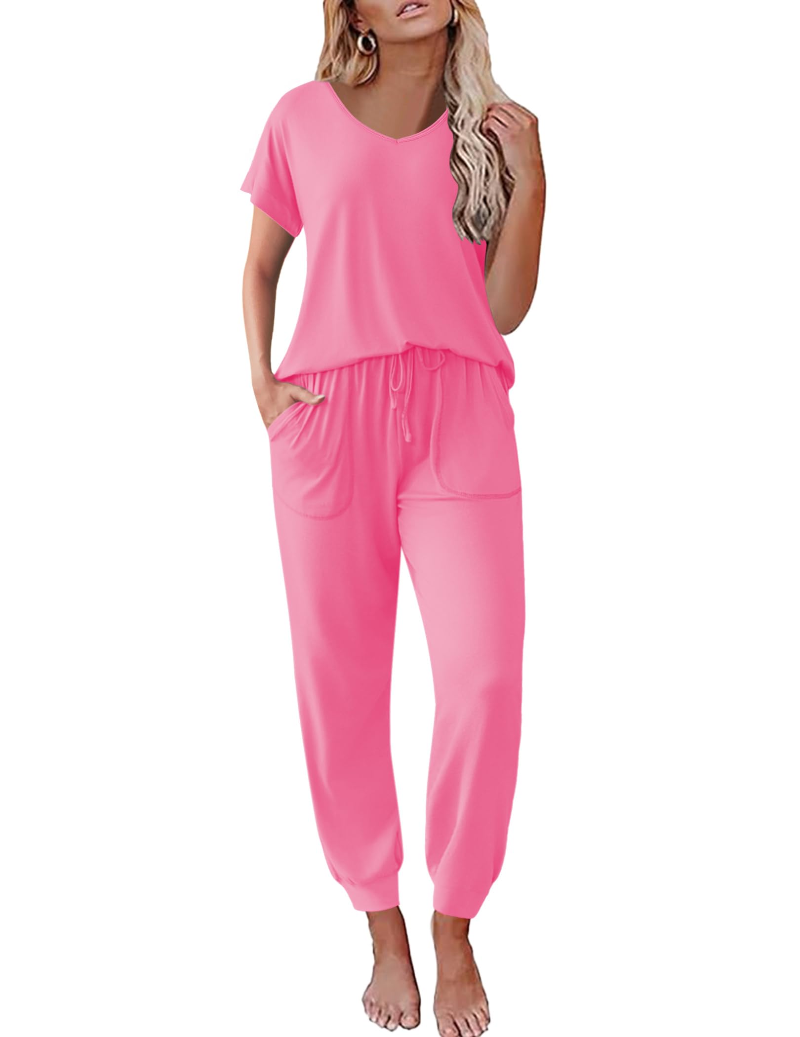Ekouaer Pajama Sets for Women 2 Piece Lounge Sets Short Sleeve Pullover Top and Jogger Pants Pjs Sleepwear