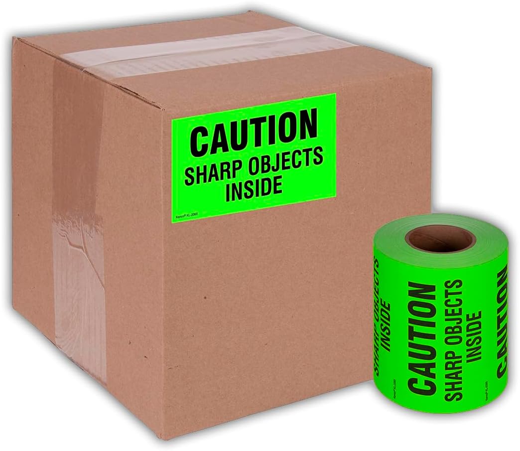 Kenco 3" X 5" Caution Sharp Object Inside Shipping Label Stickers for Shipping and Packing - 500 Labels Per Roll