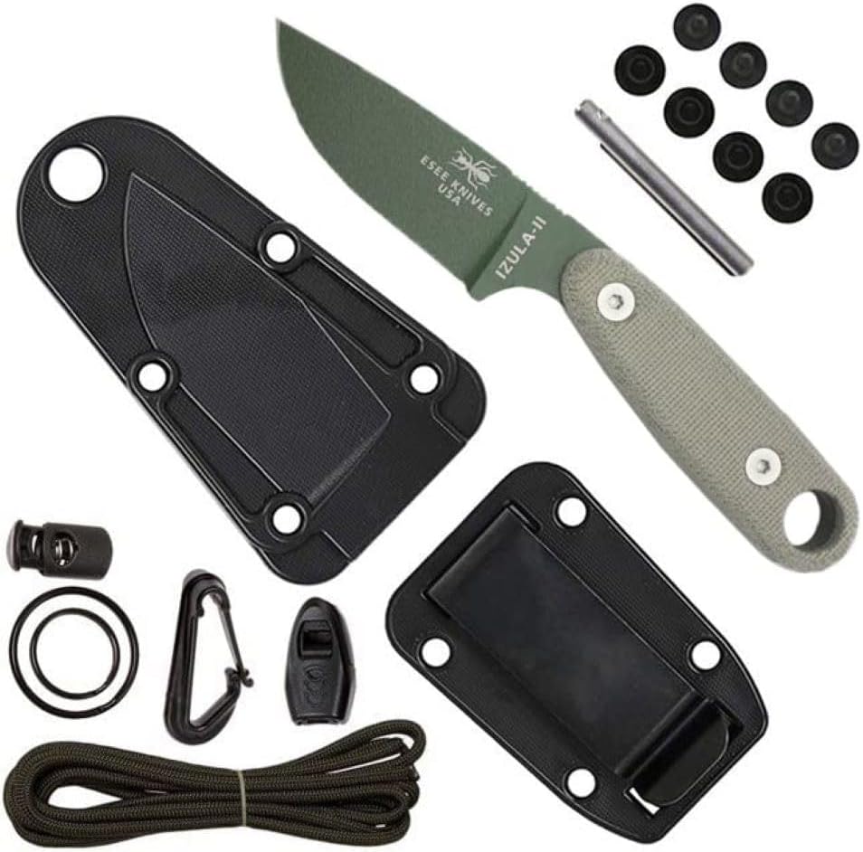 ESEE Izula-II Fixed Blade Knife, Survival Kit, Ambidextrous Sheath, Belt Clip, Made In USA (Desert Tan Blade/Black Sheath/Survival Kit)