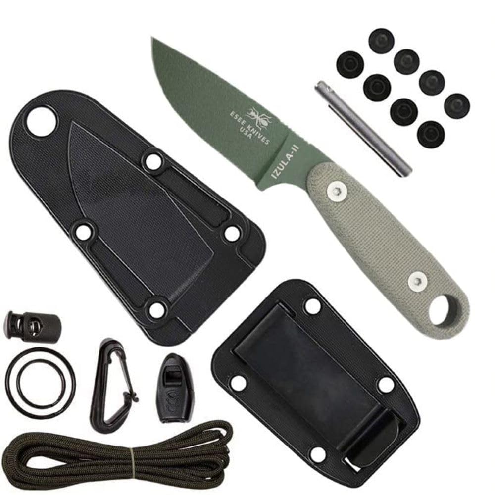 ESEE Knives Izula II Fixed Blade Knife w/Survival Kit, Sheath, Clip Plate, & Micarta Handle (Olive Drab Blade/Black Sheath/Survival Kit)