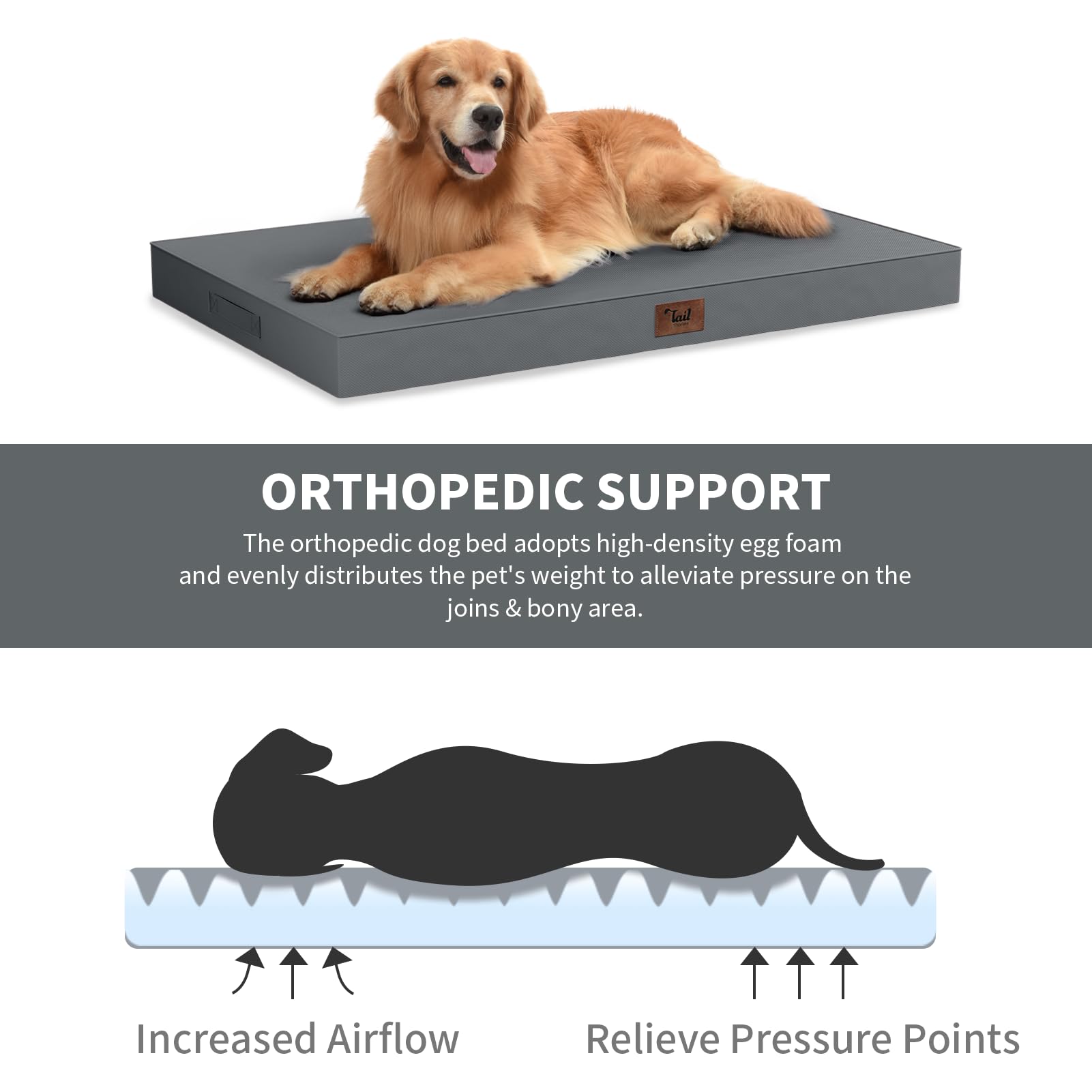 Tail Stories Outdoor Extra Large Dog Bed, Waterproof Dog Bed for Large Dogs, Egg Crate Foam XL Pet Bed with Removable Washable Oxford Cooling Cover, Grey - image 3