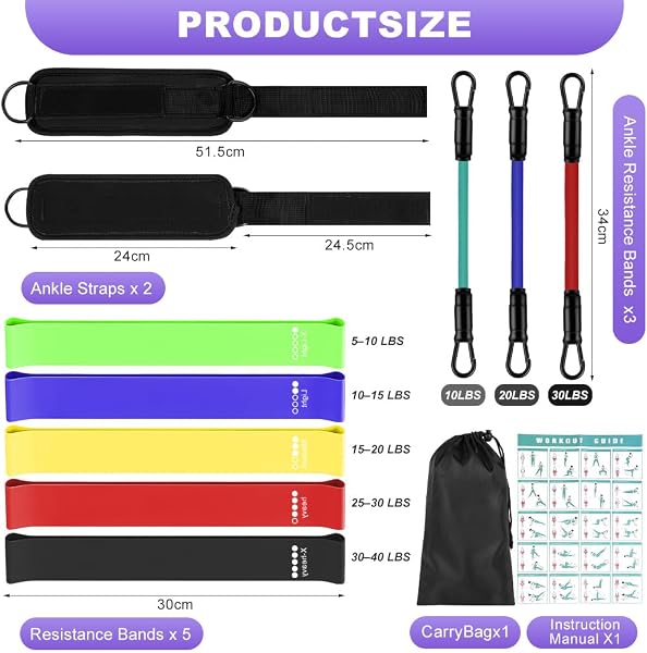 HOTUT 5PCS Élastique Musculation, 3PCS Sangle Cheville Musculation Poulie, 5 Niveaux de Force + 3 Niveaux de Force,avec Double Anneau D, pour Fitness Pilates Yoga Gym Exercice Tirage - 2