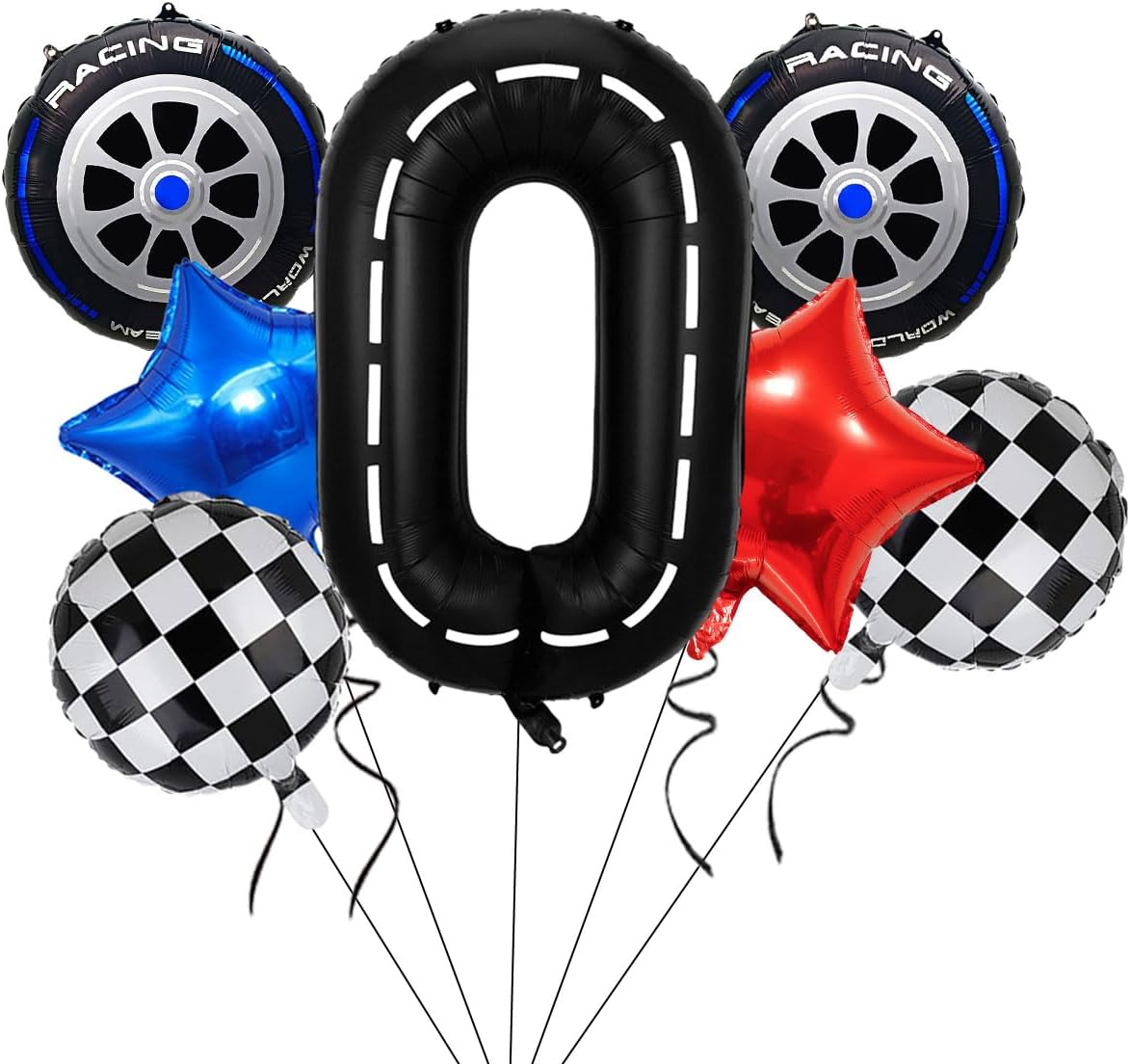 Race Car Balloons Cars Birthday Decorations Foil Wheels Balloon, Large 40 Inch Black Number 0 Balloons for 10st Racing Theme Birthday Party Decor 7 Pcs