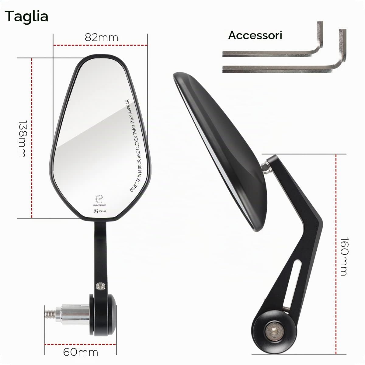 evermotor Specchietti Moto, Bar End Omologati E9 Retrovisori Universali, CNC Alluminio, per M8 & Manubrio 13–19 mm Moto Scooter ATV Set, 2 Pezzi