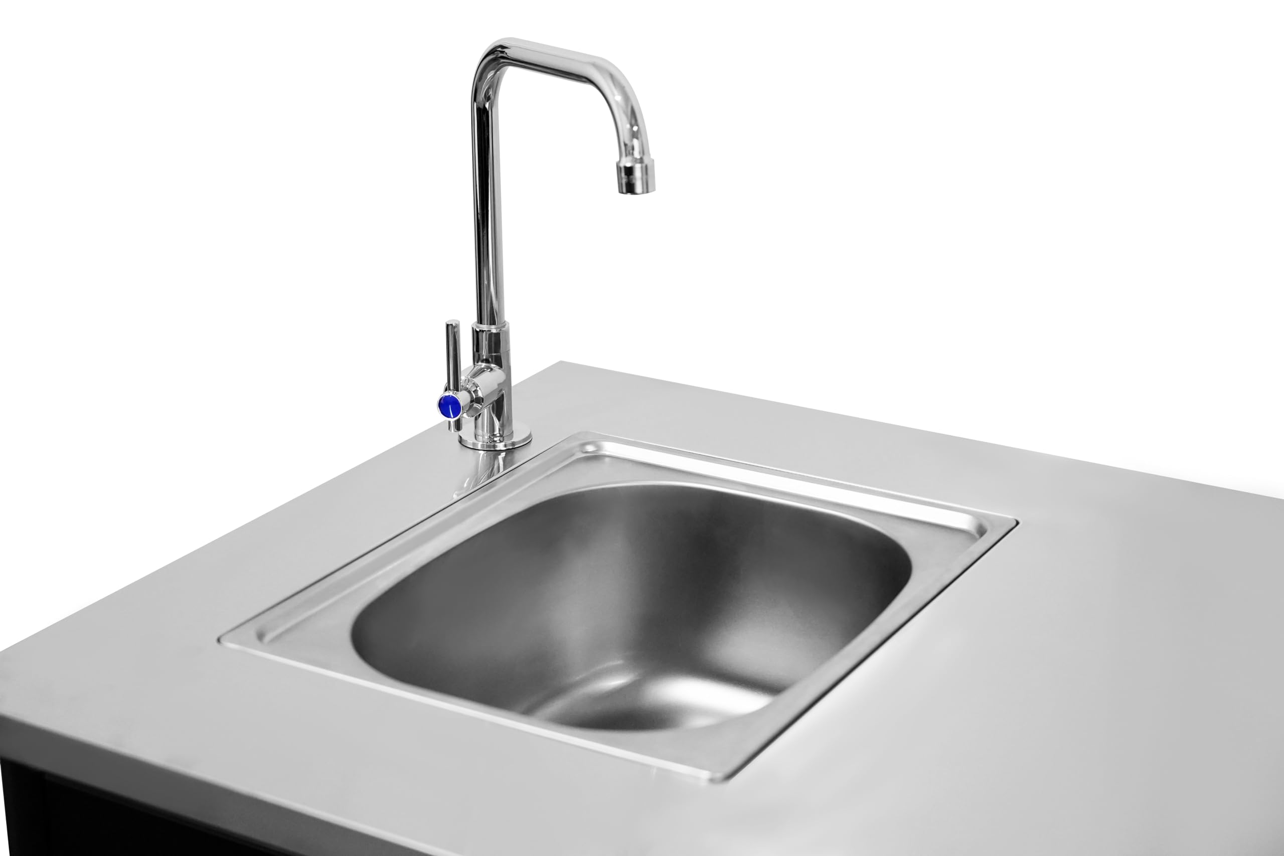 Cozze® Cucina da esterno 90 con lavello e rubinetto – Piano in acciaio inox, modulo BBQ componibile con vano contenitore, supporto sacco rifiuti, ganci e ruote, portata 100 kg
