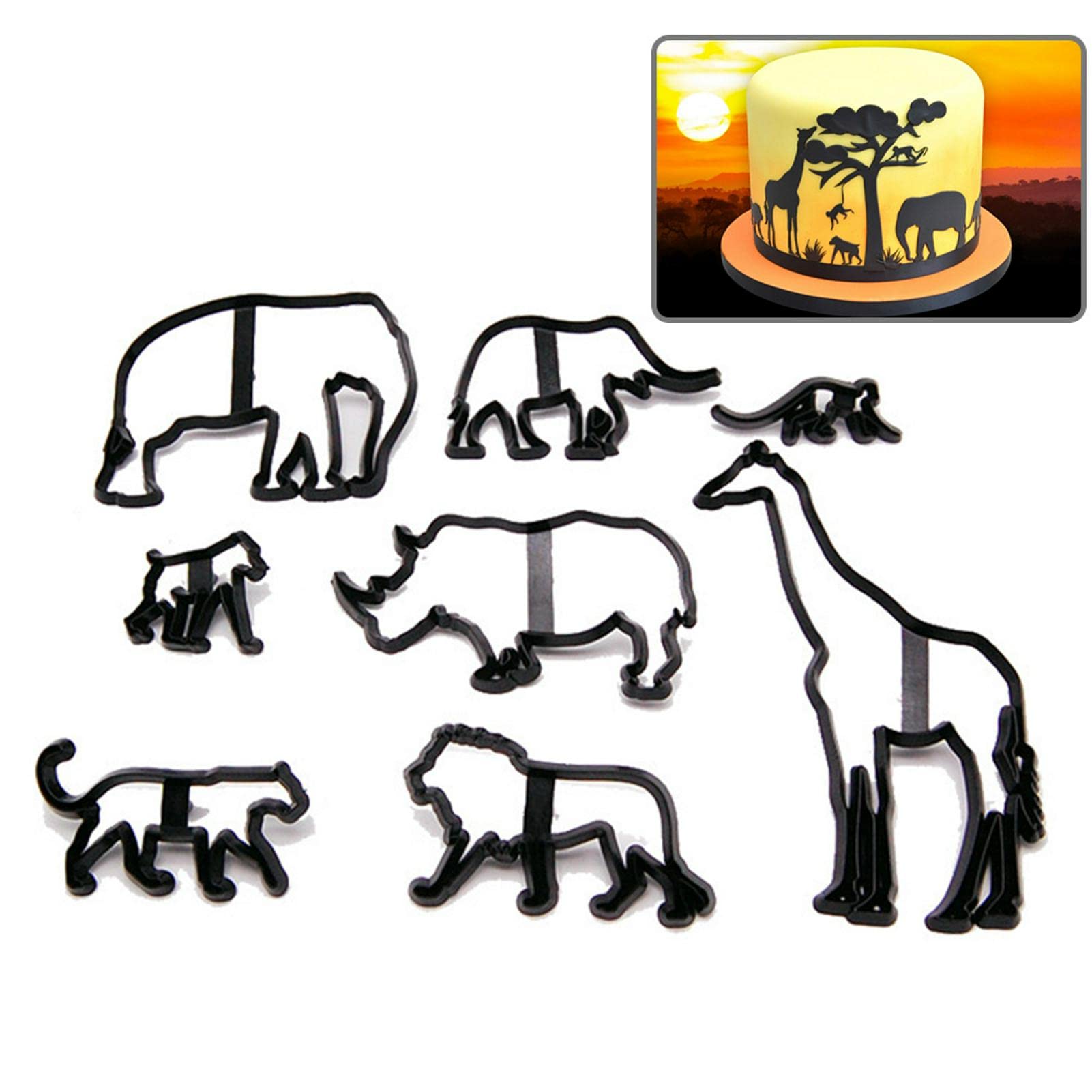 8 cortadores de galletas de animales, moldes para fondant, moldes de galletas de elefante, jirafa, hipopótamo, mono, león, herramientas de decoración de pasteles para fiestas, bricolaje, manualidades