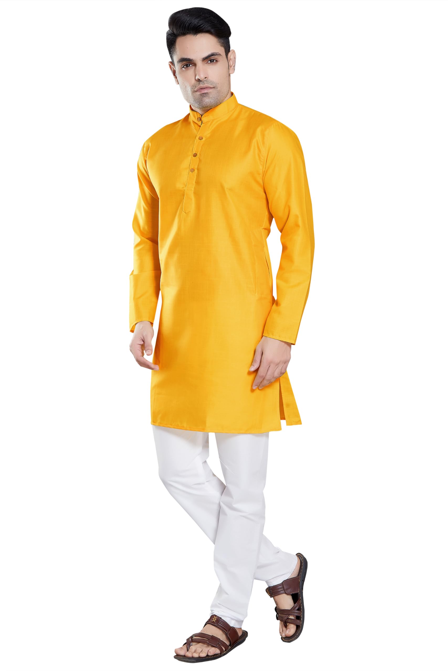 Divisive Men's Plain Cotton Blend Linen Slim Fit Kurta Pyjama Set (Dkrt60_M_Mango)