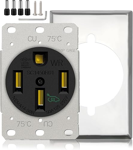 UL Listed NEMA 14-50R EV Charging Outlet 50 Amp 125/250V, Weather-Resistant, Industrial Grade, Heavy Duty Flush Mounting Receptacle for Electric Vehicle, RV Power (NEMA 14-50R EV RECT.)
