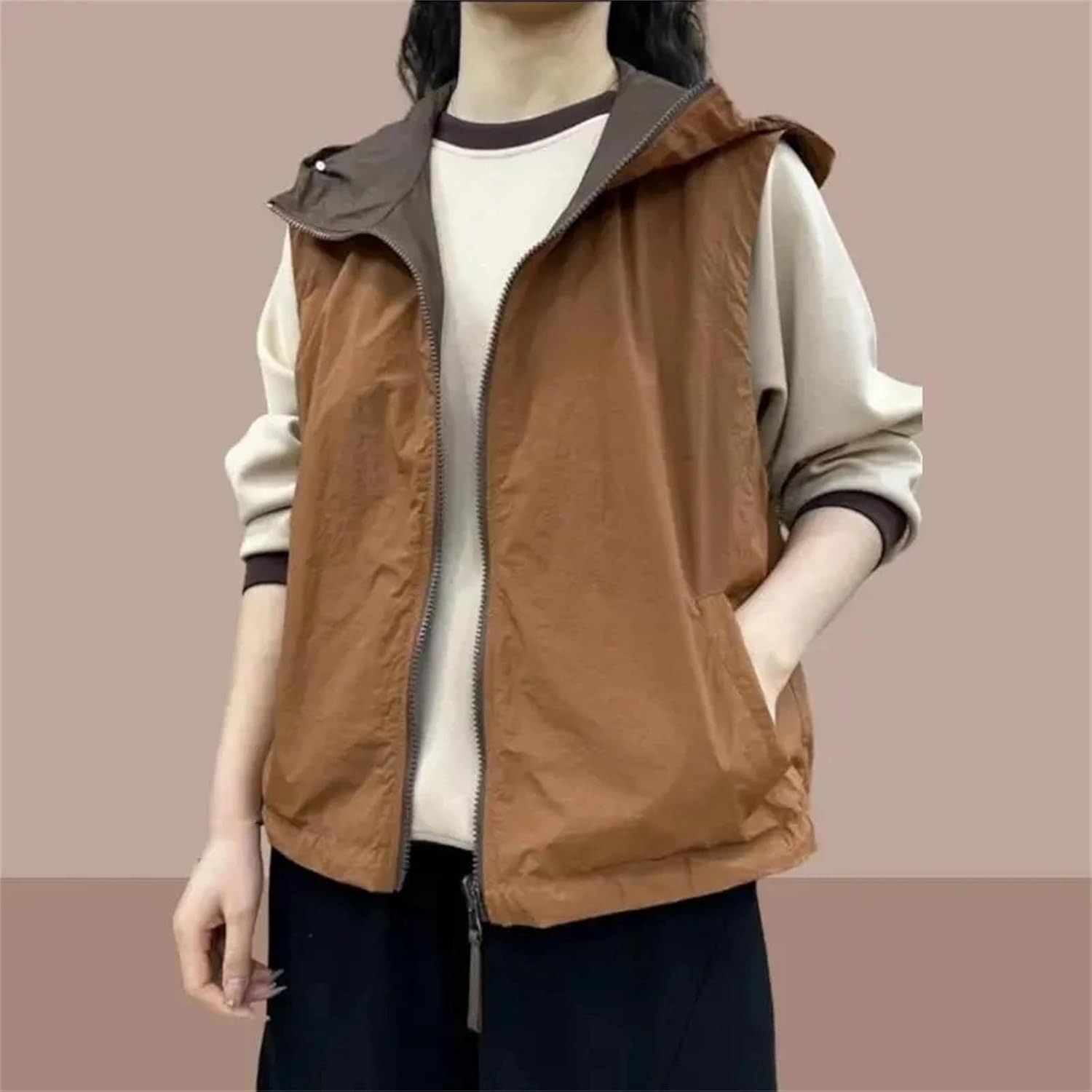 Women's Retro Thin Vest Coat Spring Hooded Casual Vests Versatile Elegant Sleeveless Waistcoat Top