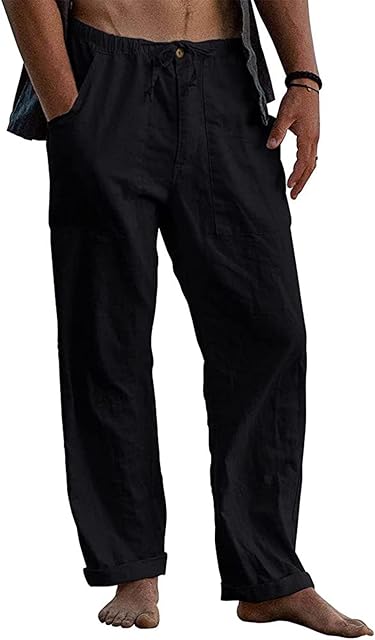 Halfword Mens Linen Loose Trousers Yoga Pants Casual Beach Drawstrings Elasticated Waist Lightweight Sweatpants