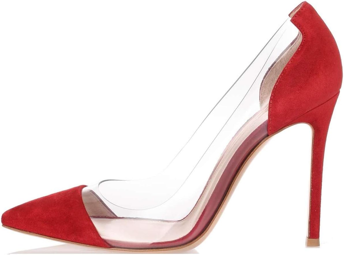 Sammitop Women's Red Suede High Heels Cap-Toe Pumps Stiletto Dress Shoes Transparent Suede Pumps US6.5