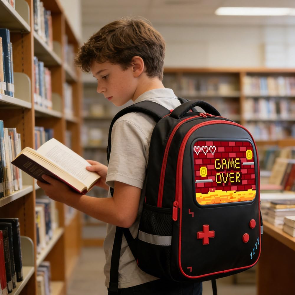 Backpack for Boys School 3pcs Gamer Schoolbag for Kids Teen Boys Kindergarten Elementary Primary Middle College with Lunch Box and Pencil