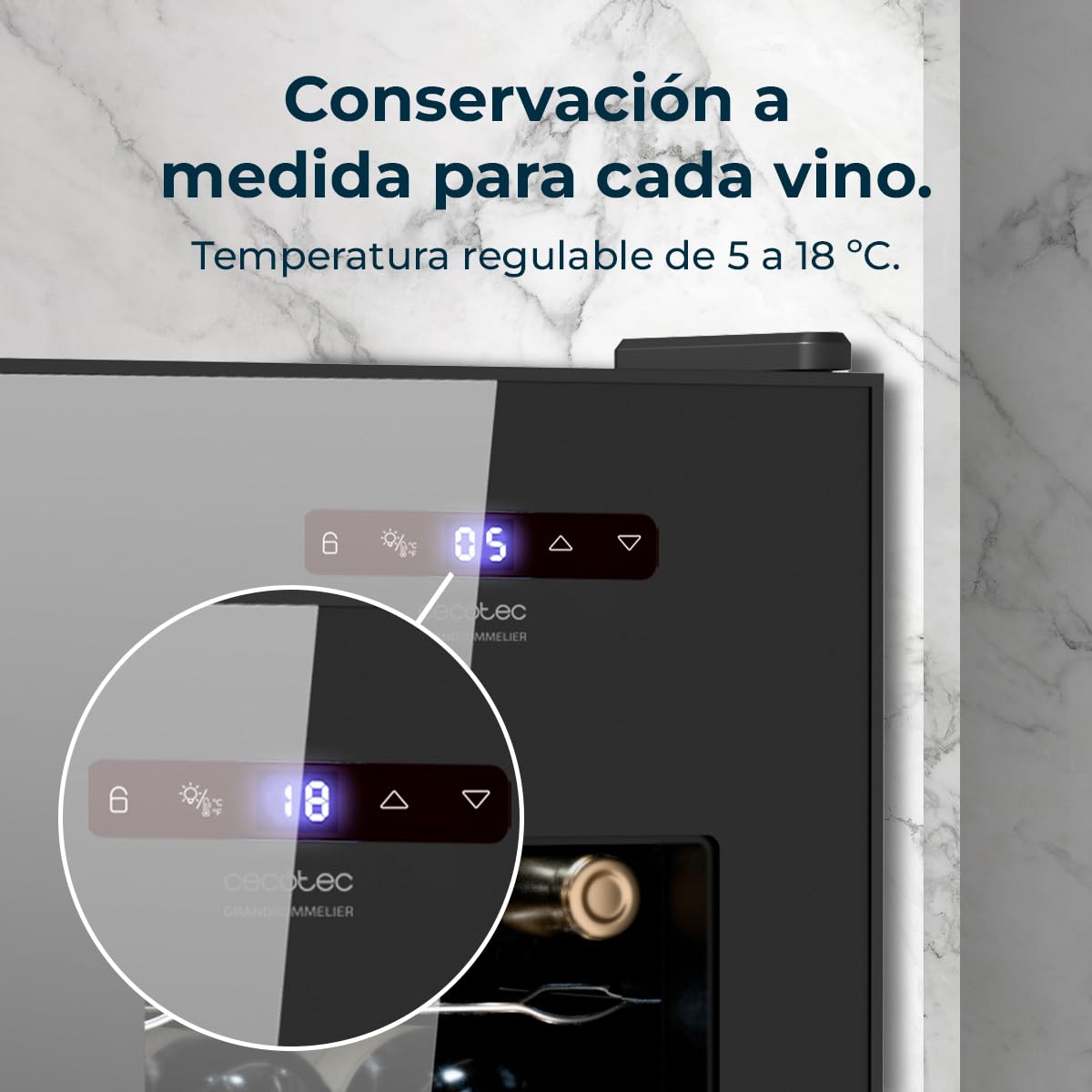 Cecotec Vinoteca Bolero GrandSommelier 1550 CoolCrystal. Bodega para 15 botellas, temperatura ajustable de 5-18ºC, enfriamiento termoeléctrico, silenciosa con 35 dB, panel táctil y LED eco-friendly.