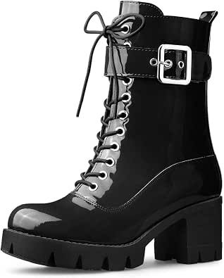 Allegra K Women's Chelsea Platform Combat Boots - Chunky 3 Inch Heel, Lace-Up Closure, Faux Leather, 1 3/8 Inch Platform