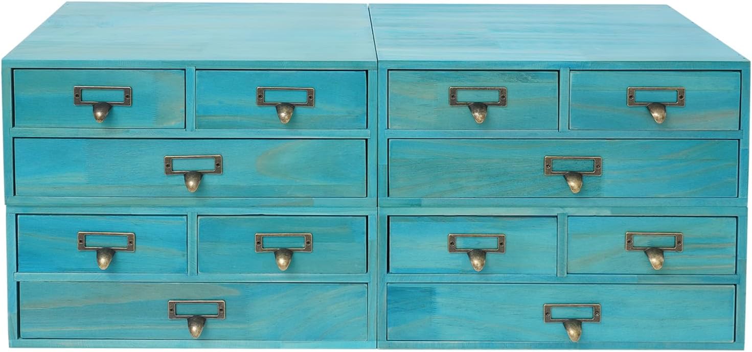 Desktop Organizer,Desktop Apothecary Cabinet With 12Drawers Wooden Storage Drawers Storage Of Cosmetics Jewelry Stationery For Living Room Bedroom Study, Max-Load 22.05Lbs,27.17*10.63*11.81In (Blue)