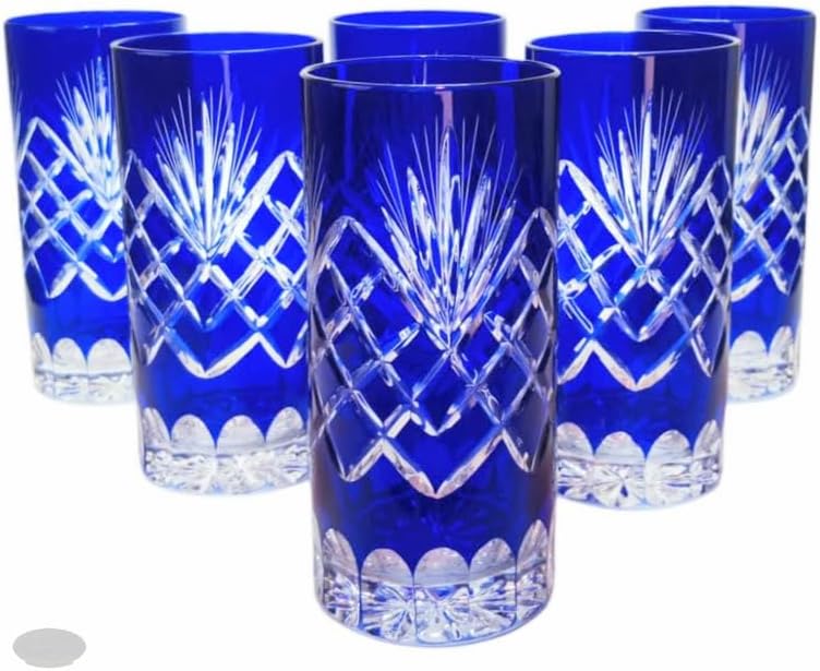 MaRika Crystal Water Glasses and Drinking Glasses 320ml - Cobalt, Hand Decorated Elegant Glass - Set of 6 in Gift Box, Perfect for Everyday Use and Gift