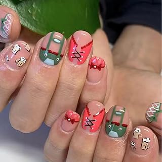 Short Press on Nails Oval Shape False Nails Beer Festival Theme Glue on Nail Western Cowhide Suspender Pants Design Full Cover Fake Nails Bow Acrylic Nails for Women Beer Party Stick on Manicure 24Pcs