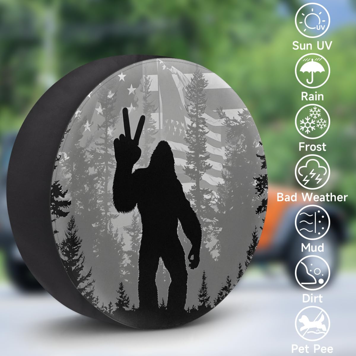 Spare Tire Cover Bigfoot American Flag Wheel Covers Protectors Waterproof Dust-Proof Universal Fit Trailer, RV, SUV and Many Vehicle (15" for tire Diameter 27.55"-29.13")