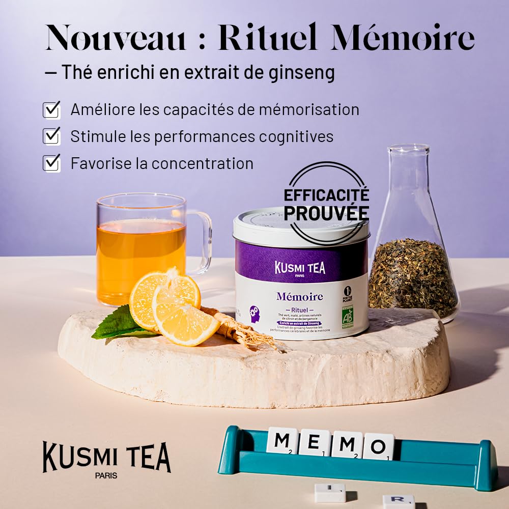 Kusmi Tea - Rituel Mémoire - Thé Vert, Maté Bio - Enrichi en extrait de Ginseng - Arômes Naturels de Citron et de Bergamote - Boîte Thé Métal 100g - Quantité pour environ 50 Tasses