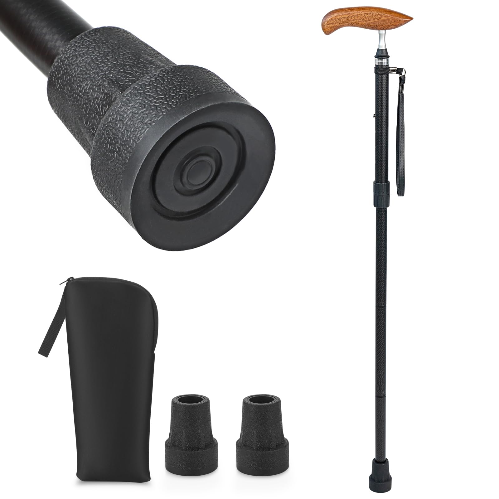 Bastón de Carbono Ligero con Bolsa de Transporte, Punta de Goma Antideslizante y Absorbente de Impactos (2 Puntas de Repuesto Incluidas), Plegable y Ajustable en Altura