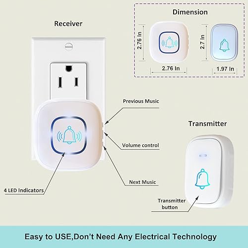 Miniatura 3 de Timbre inalámbrico, timbre de rango inalámbrico de 1,200 pies, 5 niveles de volumen lo suficientemente fuerte, modo de silencio con 52 campanadas,