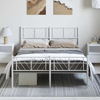 White Powder-Coated Steel Metal Bed Frame, Double Size Platform with Headboard & Footboard, 10.2 inch Under-Bed Storage, for Bedroom Furniture, Indoor Use