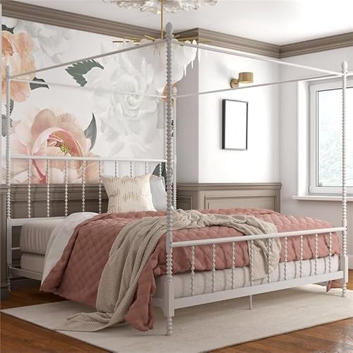 Pemberly Row Transitional Metal King Size Canopy Bed In White #TOP1