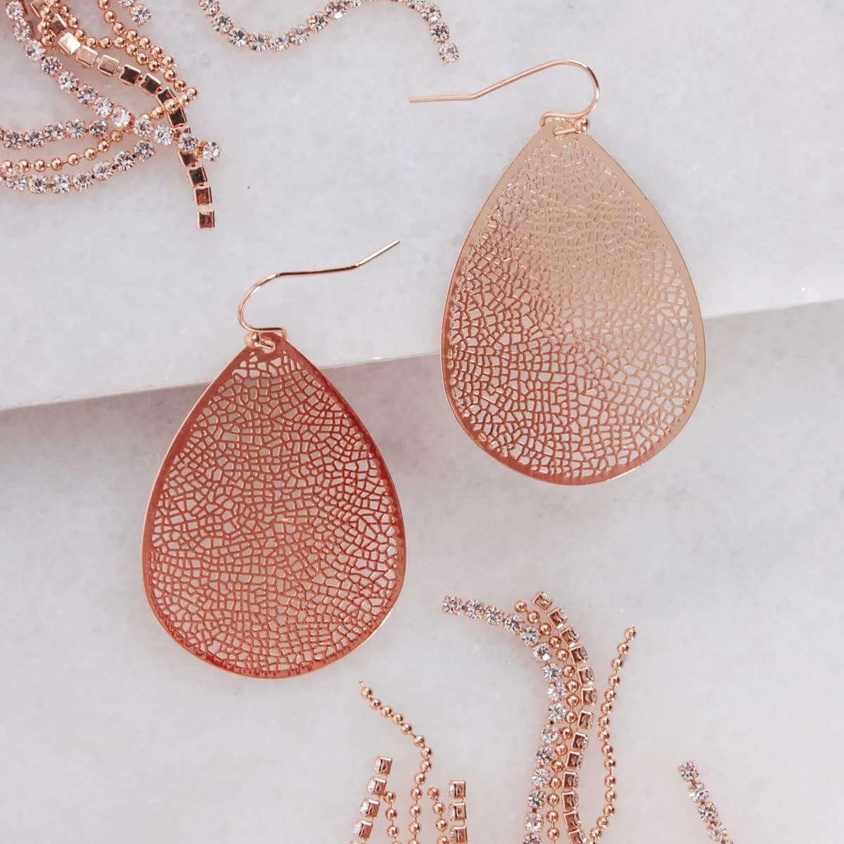 Teardrop Dangle Earrings for Women - Gold, Rose, or Silver Tone Delicate Lightweight Filigree Statement Earrings - Image 3